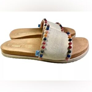 Toms Paradise Gold Shimmer Canvas Slide Sandal with pom poms